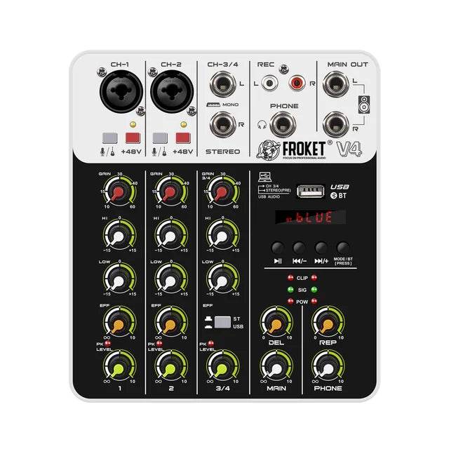 FROKET V8 Audio Mixer DJ Controller Mixer, 5.0 Bluetooth 48V Phantom Power, Low Bottom Noise For Mixing Console PC Recording - MarvelouStoree