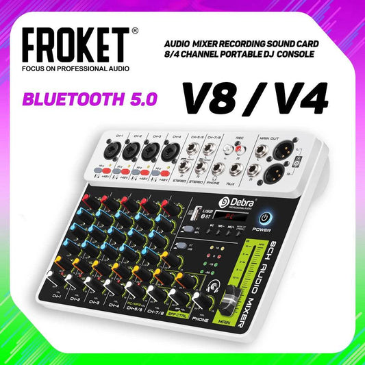 FROKET V8 Audio Mixer DJ Controller Mixer, 5.0 Bluetooth 48V Phantom Power, Low Bottom Noise For Mixing Console PC Recording - MarvelouStoree