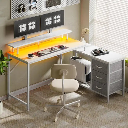 Flip L-shaped Computer Desk with Drawers, Game Desk with LED Lights and Power Sockets, Office Desk with Storage Rack