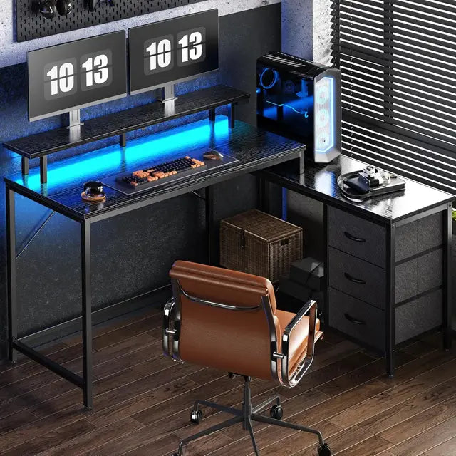 Flip L-shaped Computer Desk with Drawers, Game Desk with LED Lights and Power Sockets, Office Desk with Storage Rack