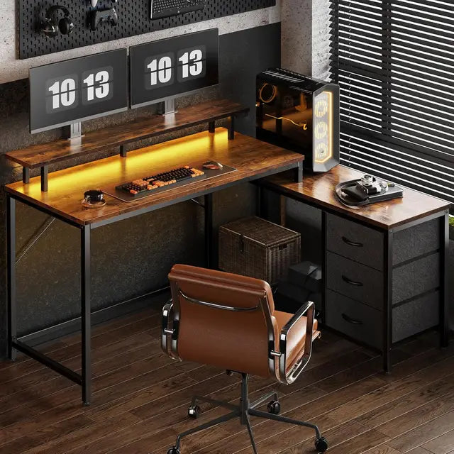 Flip L-shaped Computer Desk with Drawers, Game Desk with LED Lights and Power Sockets, Office Desk with Storage Rack