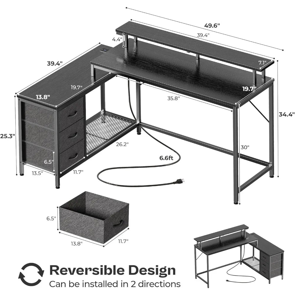 Flip L-shaped Computer Desk with Drawers, Game Desk with LED Lights and Power Sockets, Office Desk with Storage Rack