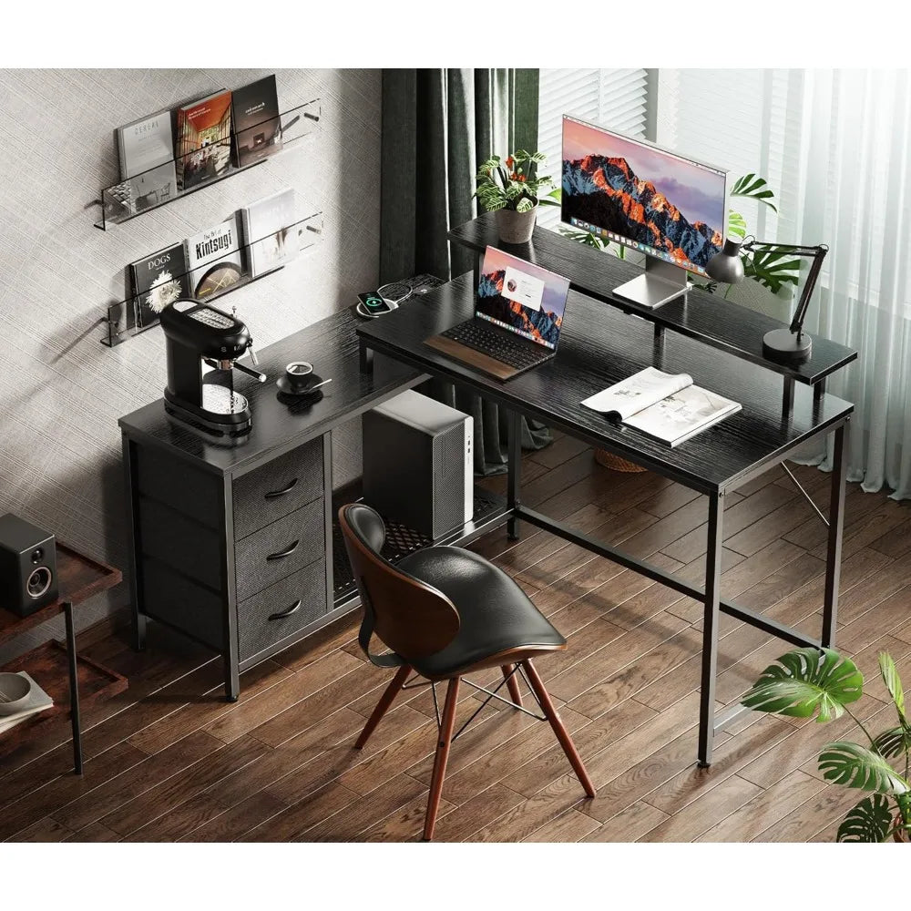 Flip L-shaped Computer Desk with Drawers, Game Desk with LED Lights and Power Sockets, Office Desk with Storage Rack