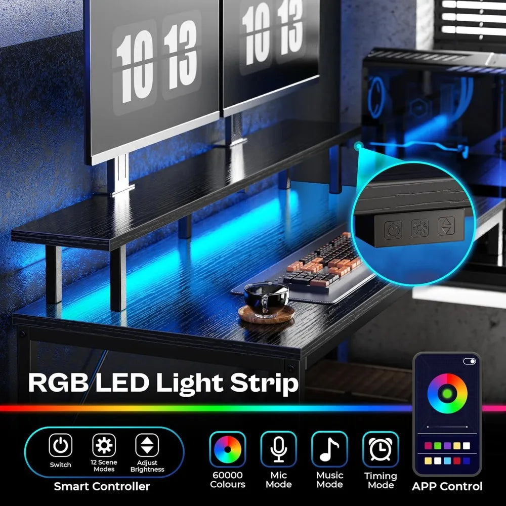 Flip L-shaped Computer Desk with Drawers, Game Desk with LED Lights and Power Sockets, Office Desk with Storage Rack