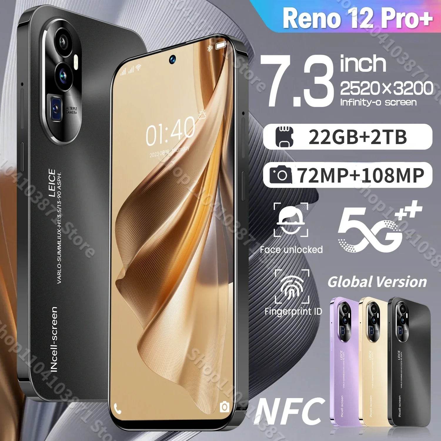 Global Reno 12 Pro+ 7.3HD 72MP+108MP Screen 16G+1TB Smart Phone 8000Mah Android14 Celulare Dual Sim Face Unlocked NFC 5G Phone - MarvelouStoree