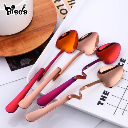 Hanging Cup Coffee Spoon Heart Shape Stainless Steel Scoop Silver Sugar Dessert Spoons Gold Stirring Tea-spoon Snack Juice Tools