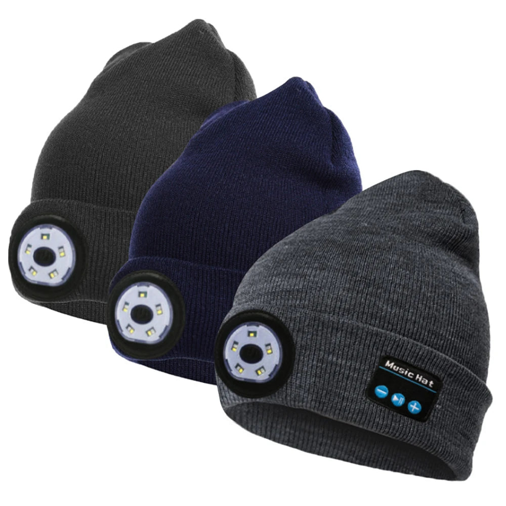 Warm  LED 5.0 Bluetooth Music Hat Wireless Beanie Headlight Handsfree Winter Unisex Knitted Cap for Running Skiing Camping