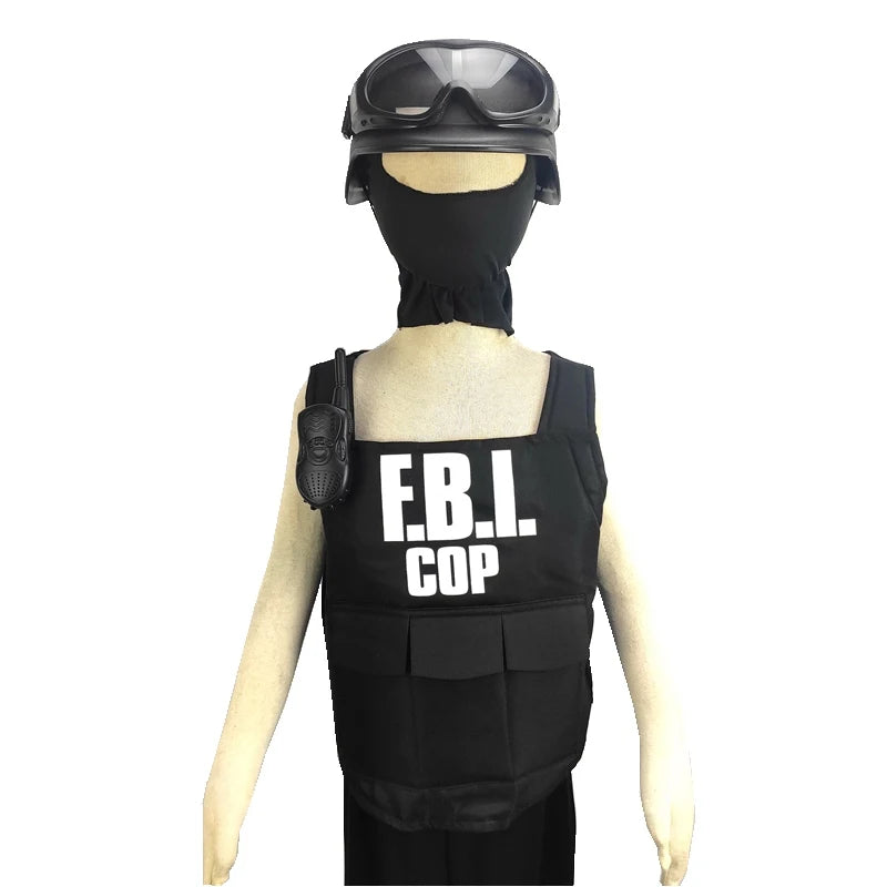 FBI Agent Police Uniform Bulletproof Vest & Helmet Costume Fancy Dress Outfit 3-9years children police costume