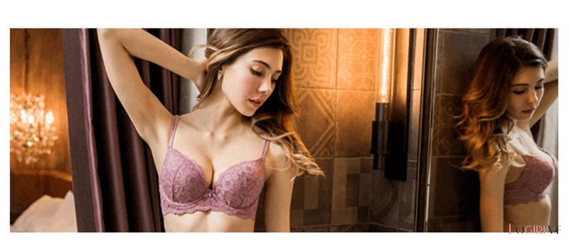 Logirlve Hot Sexy Push Up Bra Deep V Brassiere Thick Cotton Women Underwear Lace Purple Embroidery Flowers Lingerie A B Cup Bras