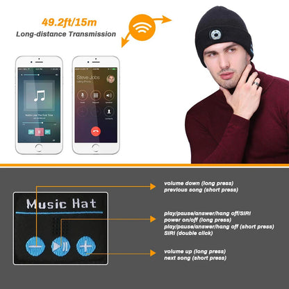 Warm  LED 5.0 Bluetooth Music Hat Wireless Beanie Headlight Handsfree Winter Unisex Knitted Cap for Running Skiing Camping