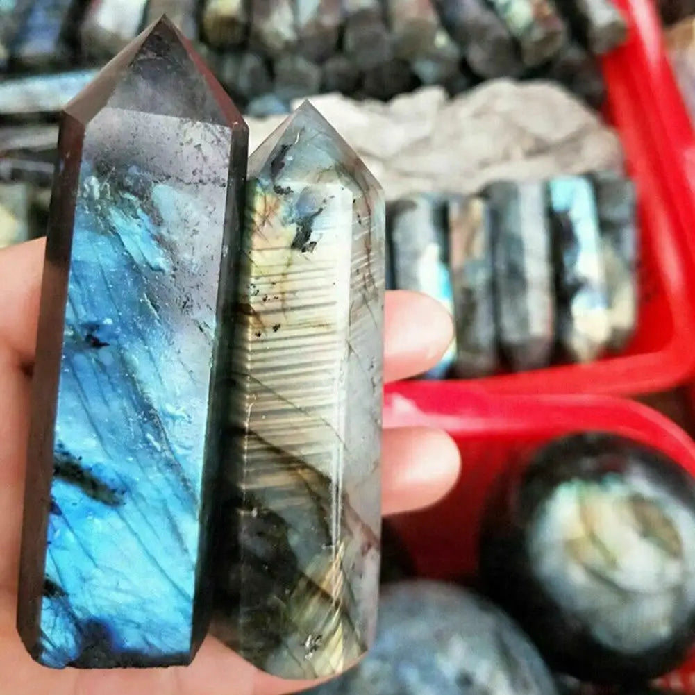 Natural Labradorite Quartz Hexagonal Prisms Obelisk Crystal Column Wand Point Healing Treatment Stone Gifts