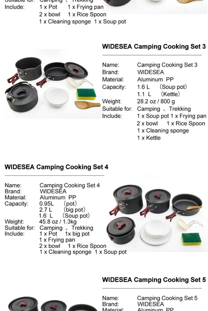 Widesea Camping Cookware Set Outdoor Pot Tableware Kit Cooking Water Kettle Pan Travel Cutlery Utensils Hiking Picnic Equipment