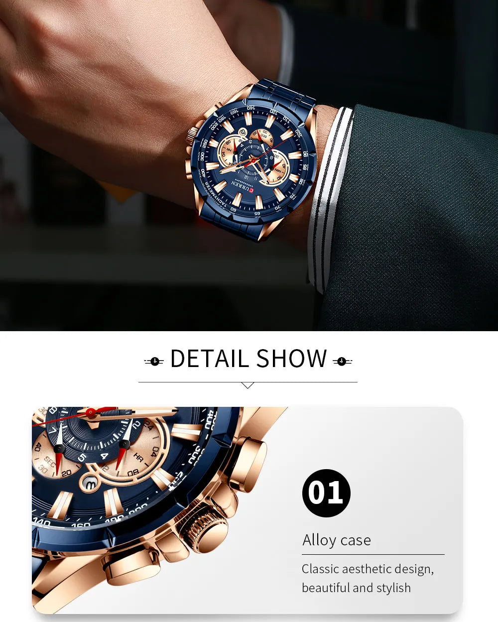 CURREN New Casual Sport Chronograph Men's Watches Stainless Steel Band Wristwatch Big Dial Quartz Clock with Luminous Pointers