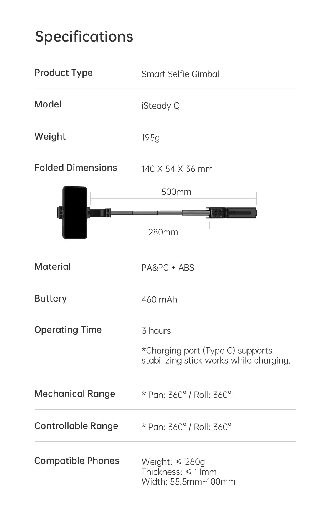 Hohem iSteady Q Handheld Gimbal Stabilizer Phone Selfie Stick Extension Rod Adjustable Tripod with Remote Control for Smartphone