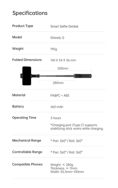 Hohem iSteady Q Handheld Gimbal Stabilizer Phone Selfie Stick Extension Rod Adjustable Tripod with Remote Control for Smartphone