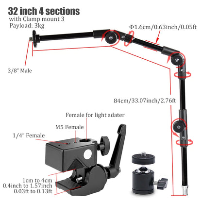 BFOLLOW Articulated Magic Arm 25" 32" Clamp Mount for DSLR Camera Camcorder Overhead Video Shooting Webcam Tablet Phone Bracket