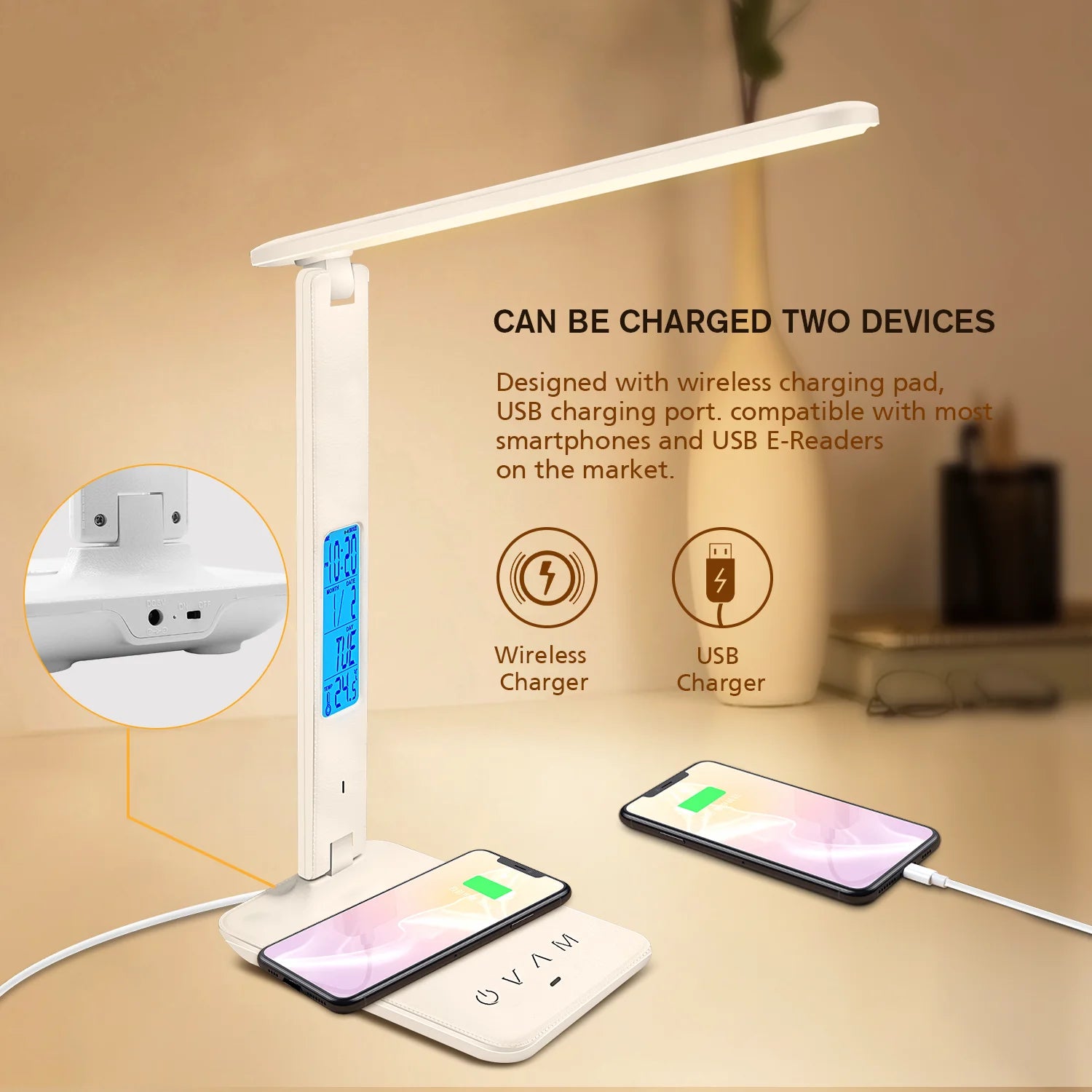 LAOPAO 10W QI Wireless Charging LED Desk Lamp With Calendar Temperature Alarm Clock Eye Protect Study Business Light Table Lamp