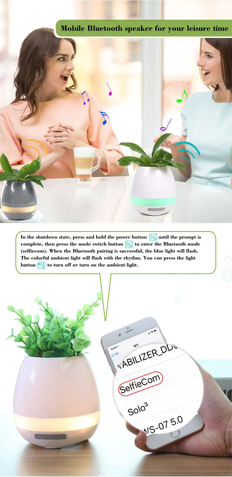 Smart Plant Pots with Bluetooth Speakers, Music Flowerpot, Plastic Pot, Finger Touch, LED Night Light, Home Design, Desk Decorat