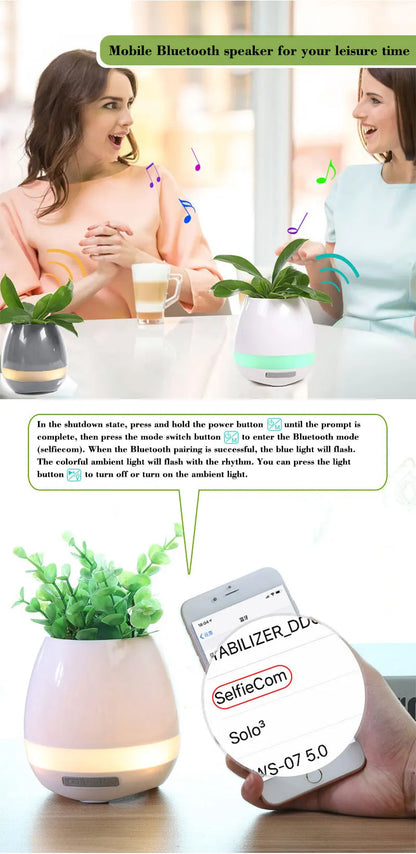 Smart Plant Pots with Bluetooth Speakers, Music Flowerpot, Plastic Pot, Finger Touch, LED Night Light, Home Design, Desk Decorat