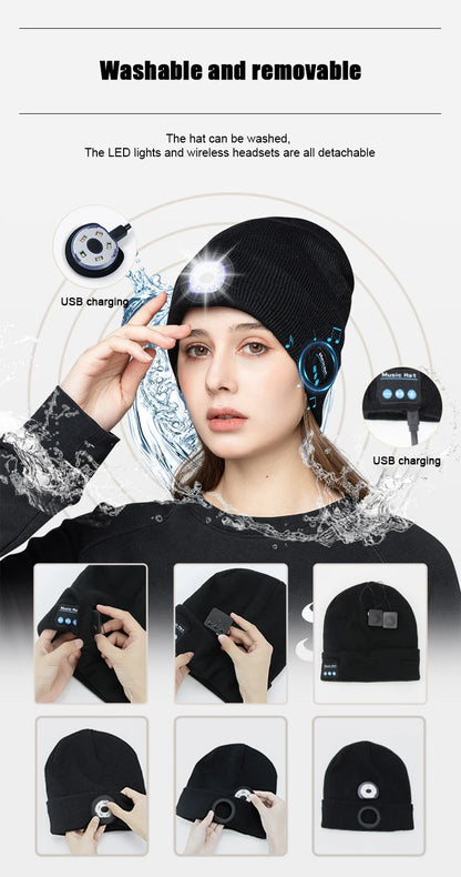 Unisex Bluetooth Headlamp Hat Headphones Beanie with LED Music Cap Built-in Speakers & Mic Earbuds for Running Hiking Sport