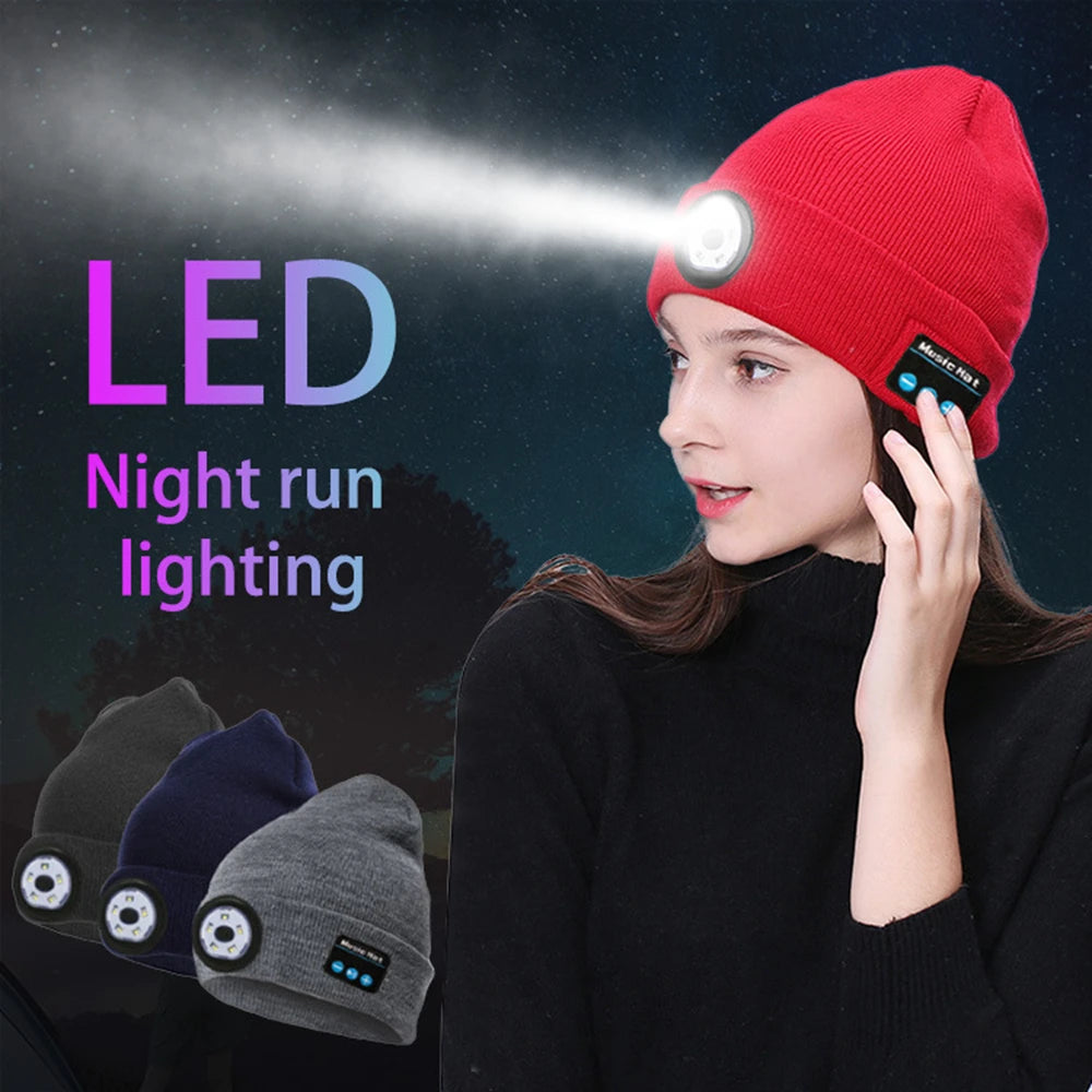 Warm  LED 5.0 Bluetooth Music Hat Wireless Beanie Headlight Handsfree Winter Unisex Knitted Cap for Running Skiing Camping