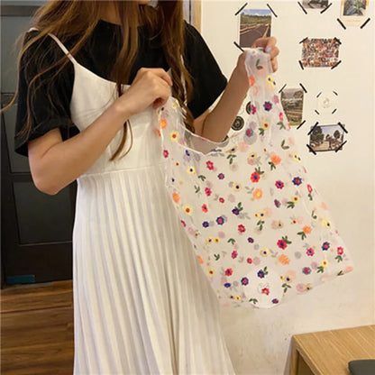 Female Flower Embroidery Hand Bag Organza Casual Tote Mesh Shopping Bags Woman Handbags сумка женская 2024 New Summer Beach Bag