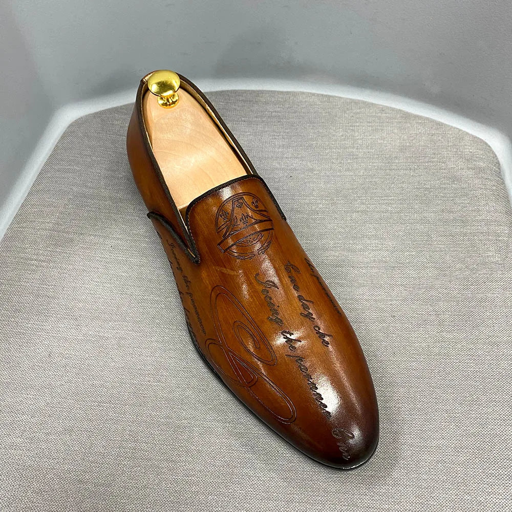 Italian Style Men Loafers Shoes Handmade Letter Print High Quality Genuine Leather Dress Shoes for Men Business Formal Shoes