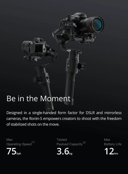 DJI Ronin S Essentials Kit Superior 3-Axis Stabilization Camera Control 3.6 kg Payload Capacity Battery Life 12hrs