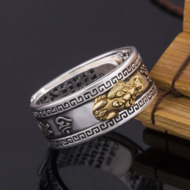 Unisex Men Pixiu Charms Ring Bracelet Chinese Feng Shui Amulet Wealth and Lucky Open Adjustable Ring Bead Bracelet - MarvelouStoree