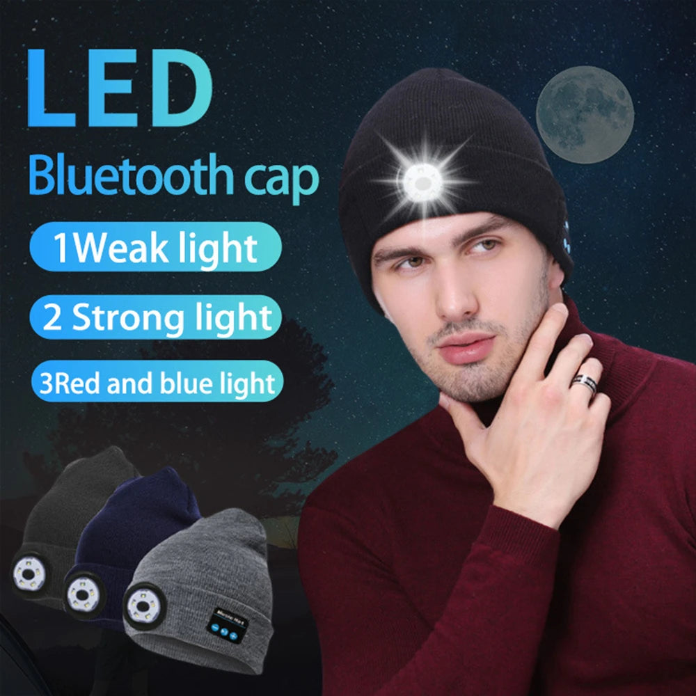 Warm  LED 5.0 Bluetooth Music Hat Wireless Beanie Headlight Handsfree Winter Unisex Knitted Cap for Running Skiing Camping