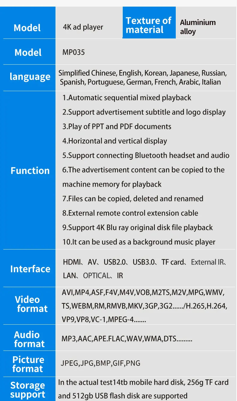 Autoplay Full HD 4K Media Player With Wifi TF Card USB Disk HDD External Multi-Media Video Advertising AD Players