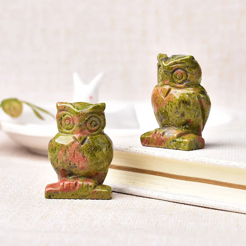 1PC Natural Stone Carved Owl Animal Ornaments Aventurine Unakite Crystal Quartz Stone Crafts Handmade Figurine Home Decoration