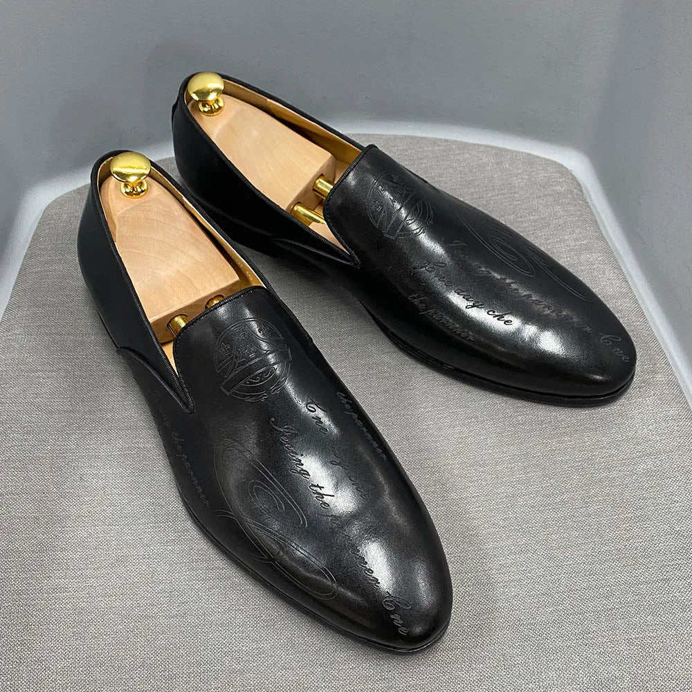 Italian Style Men Loafers Shoes Handmade Letter Print High Quality Genuine Leather Dress Shoes for Men Business Formal Shoes