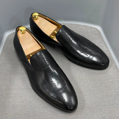 Italian Style Men Loafers Shoes Handmade Letter Print High Quality Genuine Leather Dress Shoes for Men Business Formal Shoes