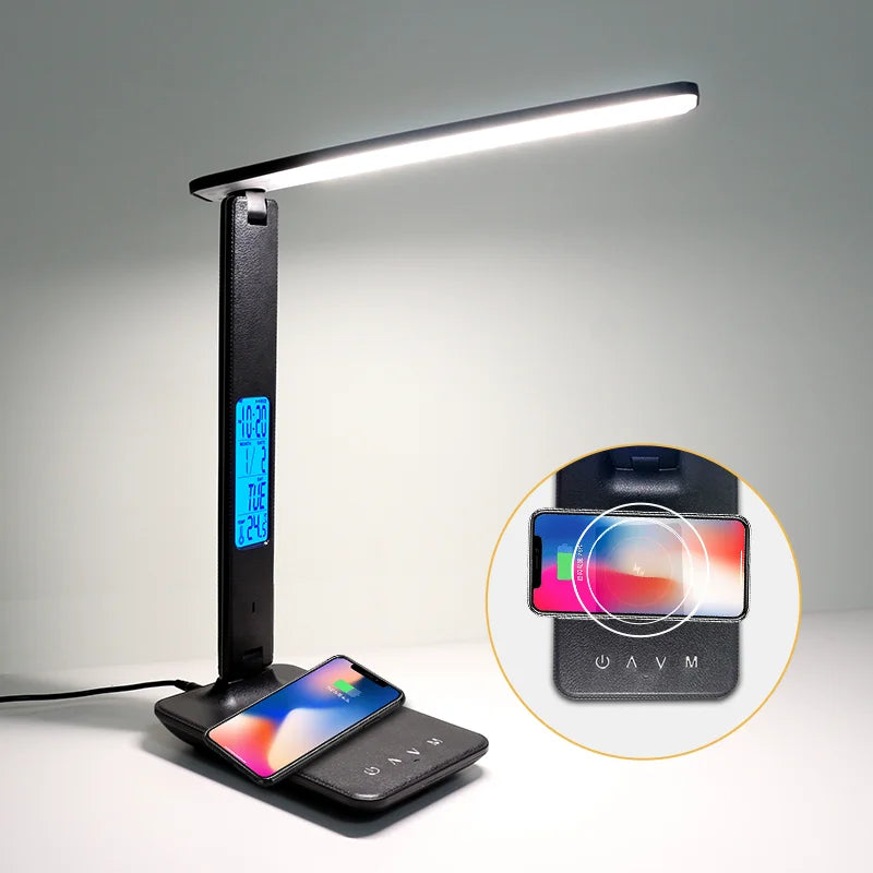 LAOPAO 10W QI Wireless Charging LED Desk Lamp With Calendar Temperature Alarm Clock Eye Protect Study Business Light Table Lamp