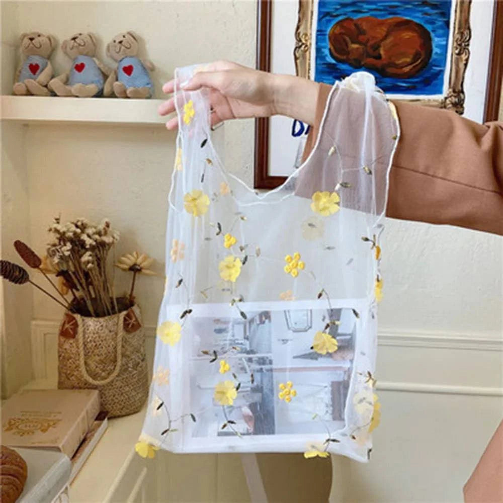 Female Flower Embroidery Hand Bag Organza Casual Tote Mesh Shopping Bags Woman Handbags сумка женская 2024 New Summer Beach Bag