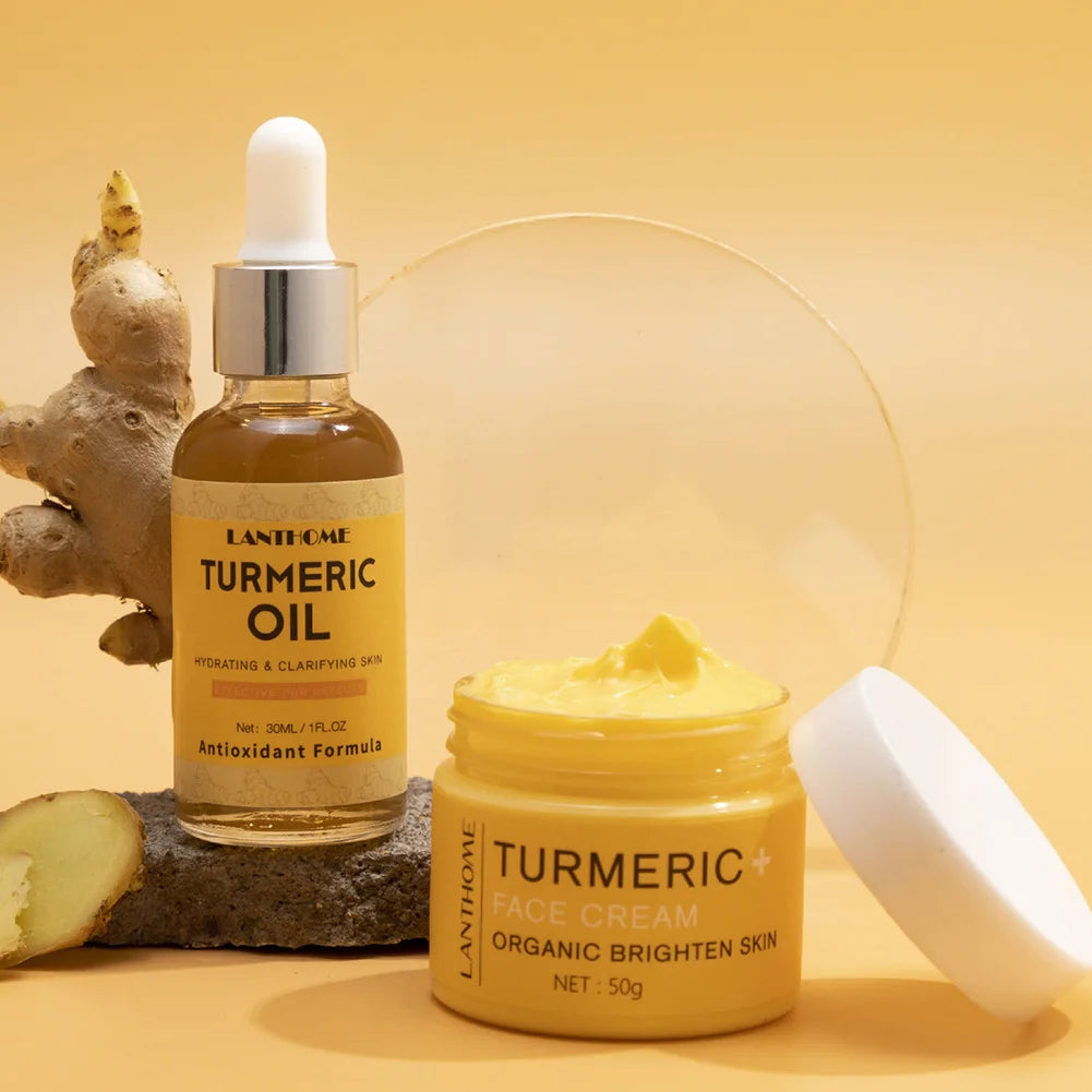 Turmeric Face Care Sets Turmeric Facial Acne Cleansing Cream Fade Dark Spots Turmeric Serum Anti-Aging Skin Moisturizing 5pcs