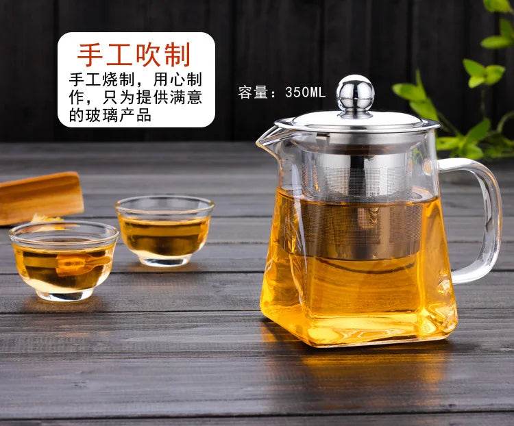 Heat Resistant Glass Teapot With Stainless Steel Coffee Infuser Heated Container Tea Pot Good Clear Kettle Square Filter Baskets - MarvelouStoree