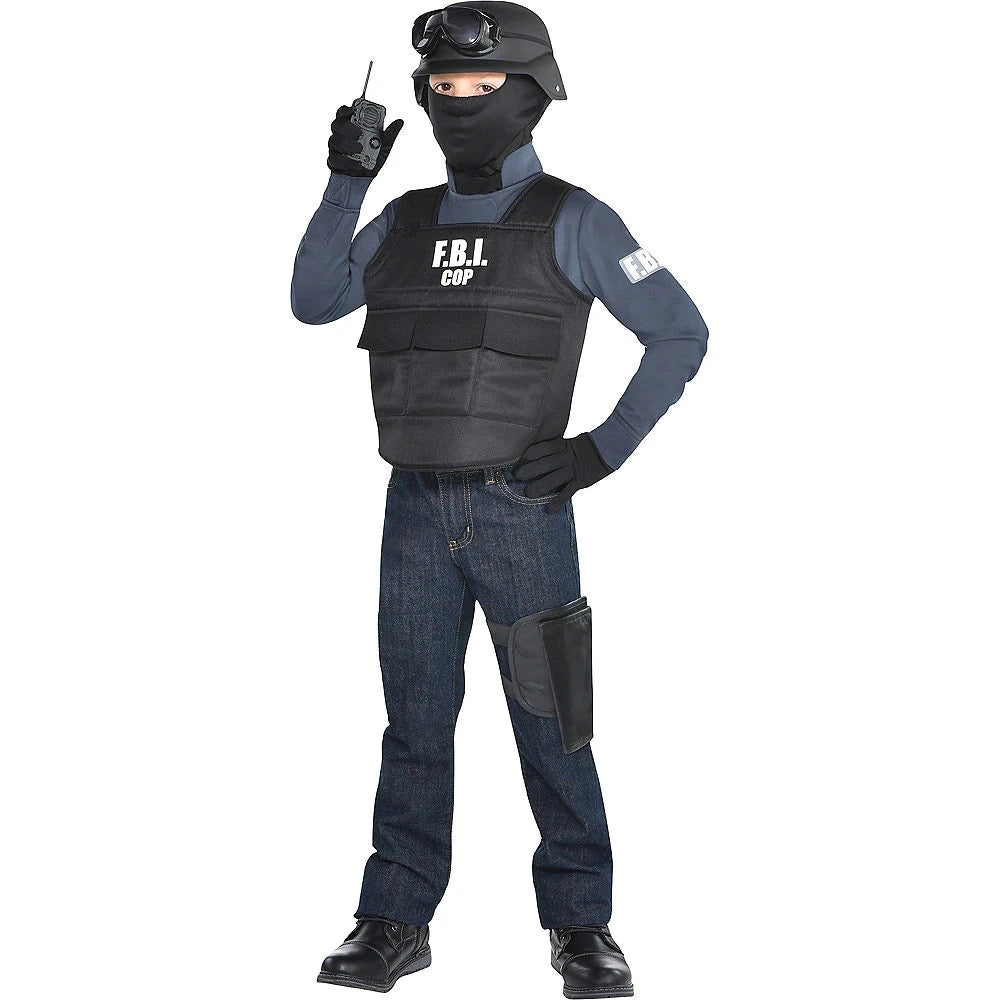 FBI Agent Police Uniform Bulletproof Vest & Helmet Costume Fancy Dress Outfit 3-9years children police costume