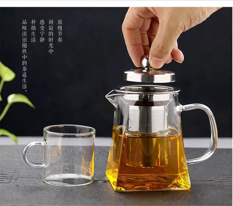 Heat Resistant Glass Teapot With Stainless Steel Coffee Infuser Heated Container Tea Pot Good Clear Kettle Square Filter Baskets - MarvelouStoree