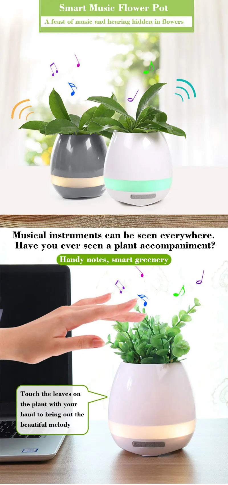 Smart Plant Pots with Bluetooth Speakers, Music Flowerpot, Plastic Pot, Finger Touch, LED Night Light, Home Design, Desk Decorat