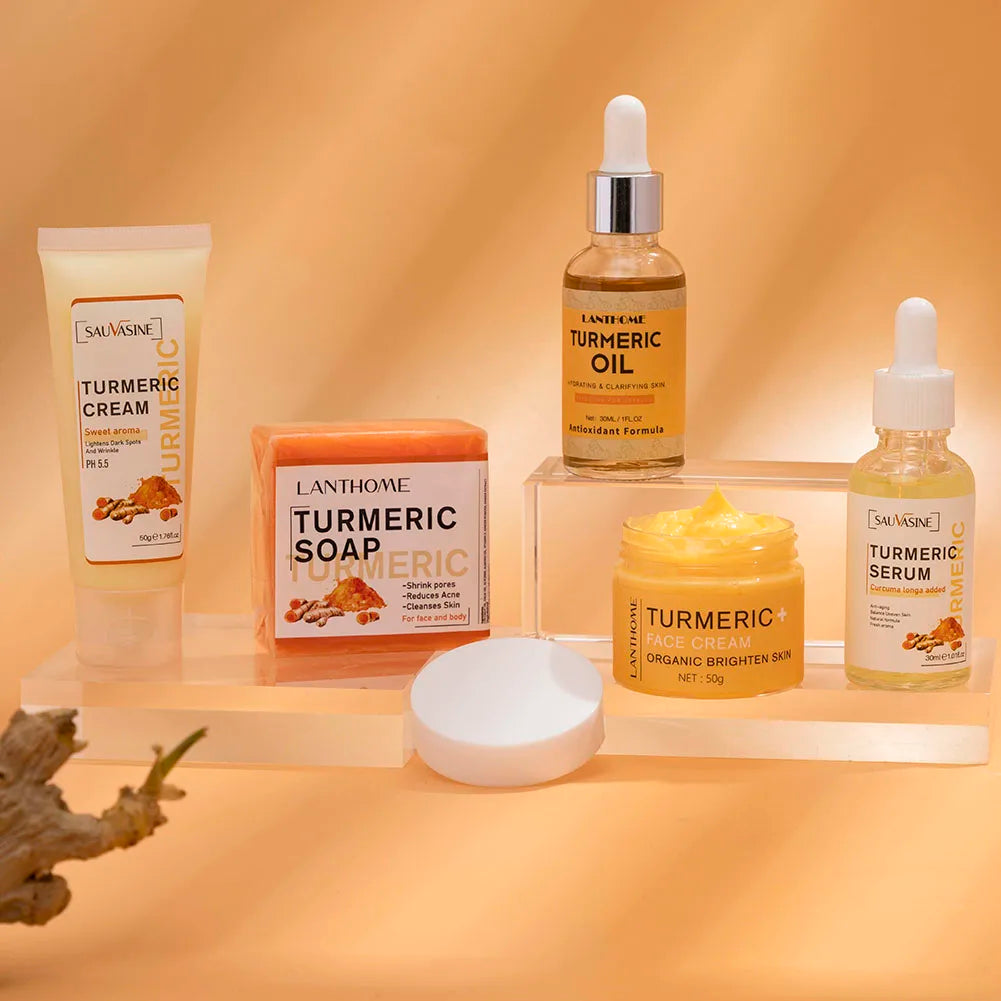 Turmeric Face Care Sets Turmeric Facial Acne Cleansing Cream Fade Dark Spots Turmeric Serum Anti-Aging Skin Moisturizing 5pcs