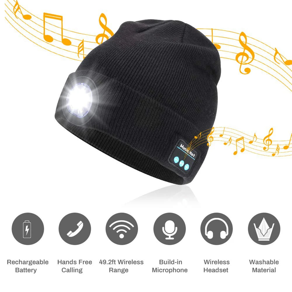 Warm  LED 5.0 Bluetooth Music Hat Wireless Beanie Headlight Handsfree Winter Unisex Knitted Cap for Running Skiing Camping