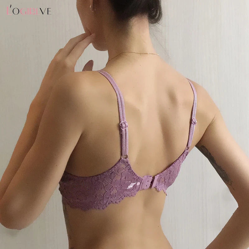 Logirlve Hot Sexy Push Up Bra Deep V Brassiere Thick Cotton Women Underwear Lace Purple Embroidery Flowers Lingerie A B Cup Bras