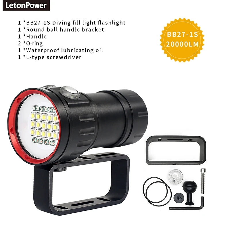 Professional Underwater 27 LED Photography Light Highlight Lamp 20000Lumens Diving Flashlight 100M Waterproof Video Camera torch