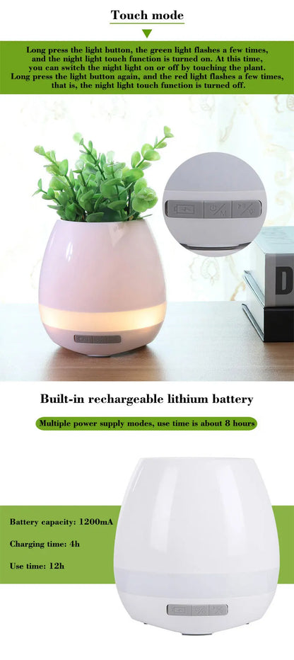 Smart Plant Pots with Bluetooth Speakers, Music Flowerpot, Plastic Pot, Finger Touch, LED Night Light, Home Design, Desk Decorat