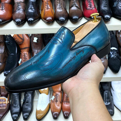 Italian Style Men Loafers Shoes Handmade Letter Print High Quality Genuine Leather Dress Shoes for Men Business Formal Shoes