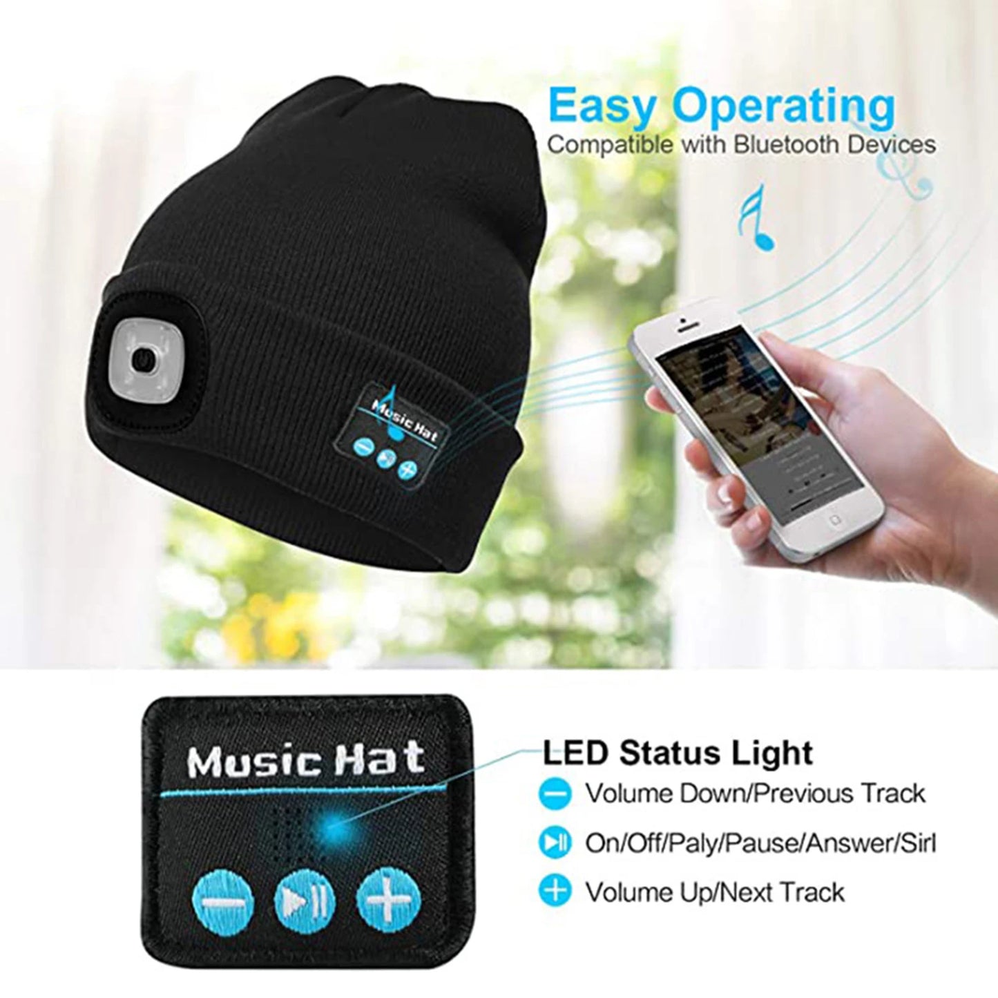 Winter Beanie Hat Unisex Beanie Soft Black Knitted Hat Wireless Bluetooth 5.0 Smart Cap Stereo Headphone Headset with LED Light