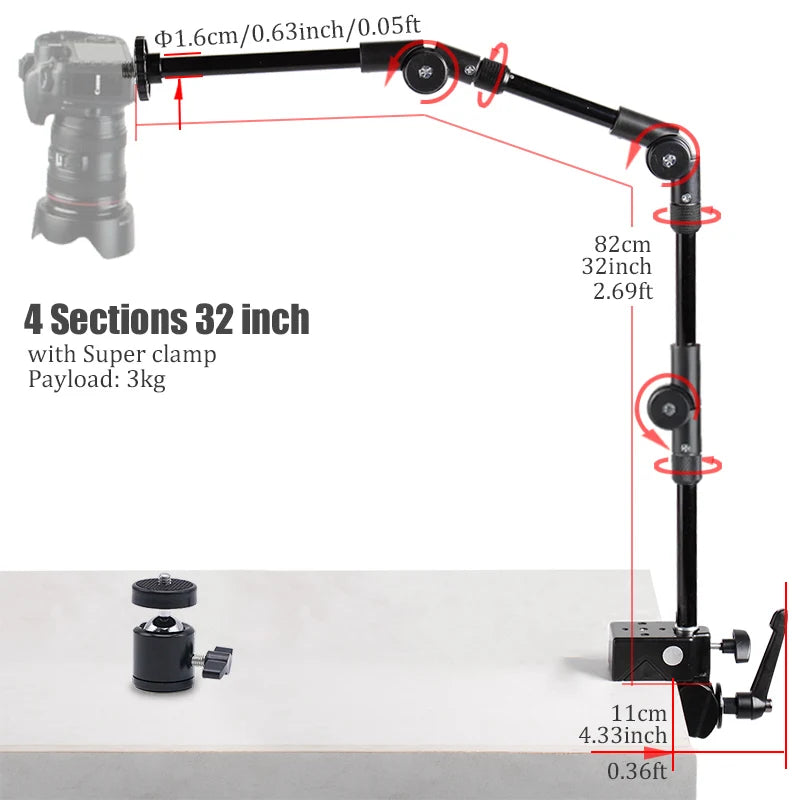 BFOLLOW Articulated Magic Arm 25" 32" Clamp Mount for DSLR Camera Camcorder Overhead Video Shooting Webcam Tablet Phone Bracket