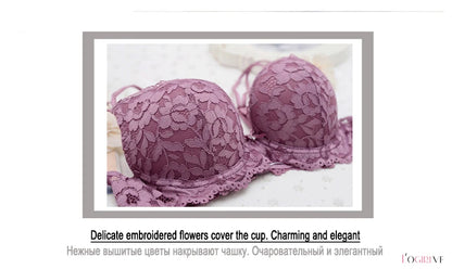 Logirlve Hot Sexy Push Up Bra Deep V Brassiere Thick Cotton Women Underwear Lace Purple Embroidery Flowers Lingerie A B Cup Bras